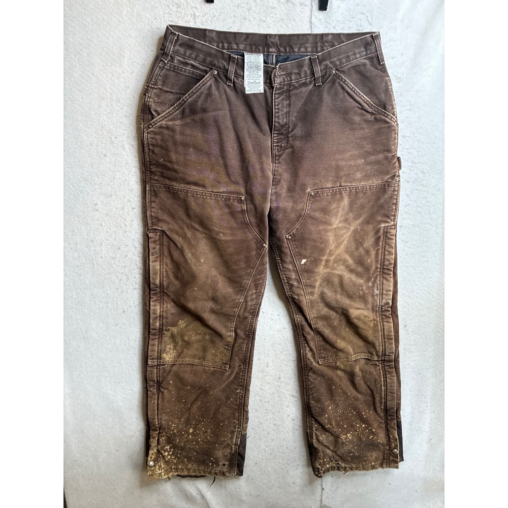 VTG Carhartt WB194 DKB Brown Double Front Work Pants Mens 16x32 Distressed